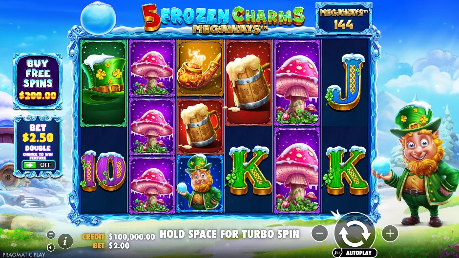 Tablero invernal de 5 Frozen Charms Megaways con símbolos de duendes, jarras y sombreros