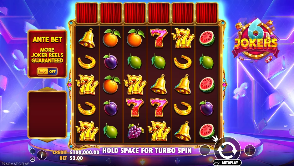 Escenario retro de 6 Jokers con frutas de neón, sietes y bufones sobre una cuadrícula 6×5