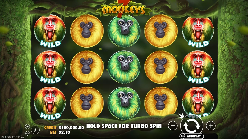 Tablero selvático de 7 Monkeys con personajes de monos apilados en cinco rodillos