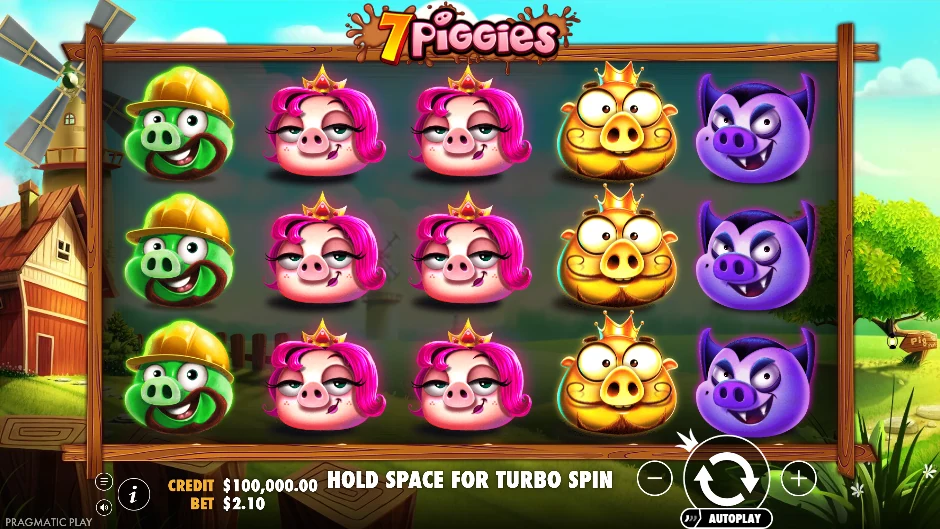 Pantalla de 7 Piggies con siete personajes de cerditos de colores frente a una granja