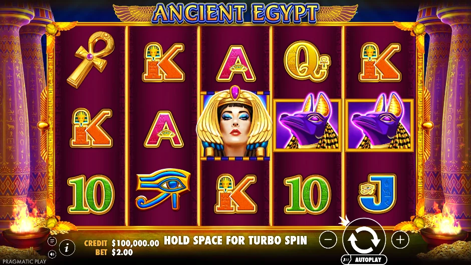 Pantalla de Ancient Egypt con Cleopatra, Anubis, el Ojo de Horus y ankhs dorados