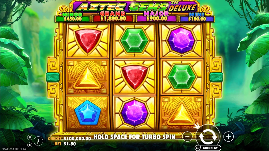 Tablero 3×3 de Aztec Gems Deluxe con gemas, símbolos de dinero y marco de templo azteca