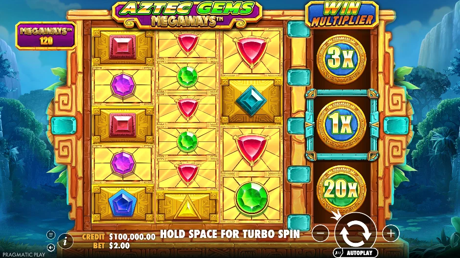 Rodillos de Aztec Gems Megaways con piedras preciosas y una columna de multiplicadores