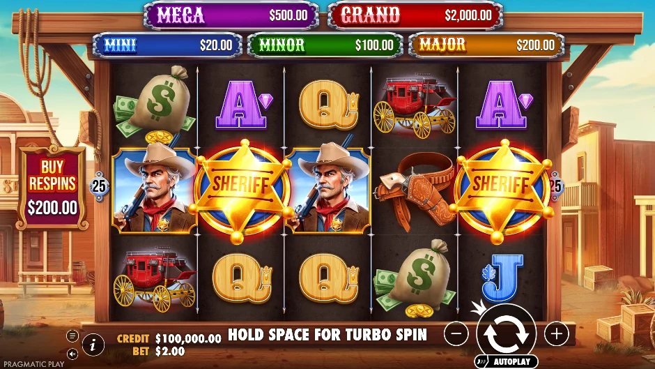 Escena del oeste de Badge Blitz con sheriff, forajidos, insignias y bolsas de dinero