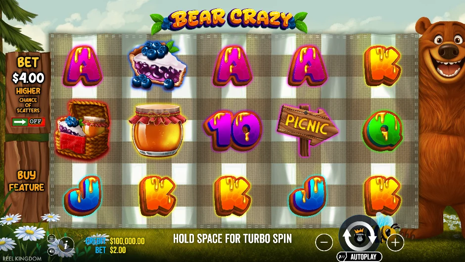 Pantalla de Bear Crazy con osos grizzly, miel, huellas y símbolos de picnic en cinco rodillos