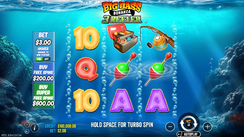 Cuadrícula 3×3 de Big Bass Bonanza 3 Reeler con pescador, peces y artículos de pesca
