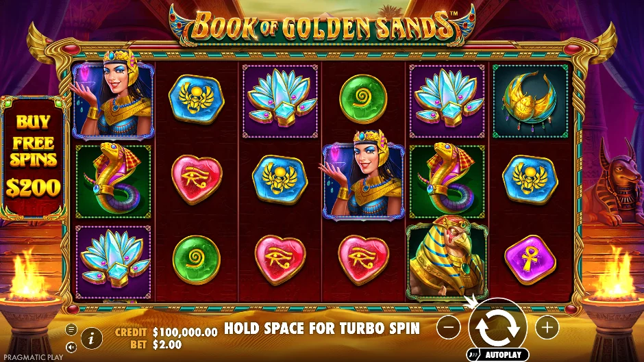 Templo egipcio de Book of Golden Sands con faraones, serpientes, libro y arena dorada