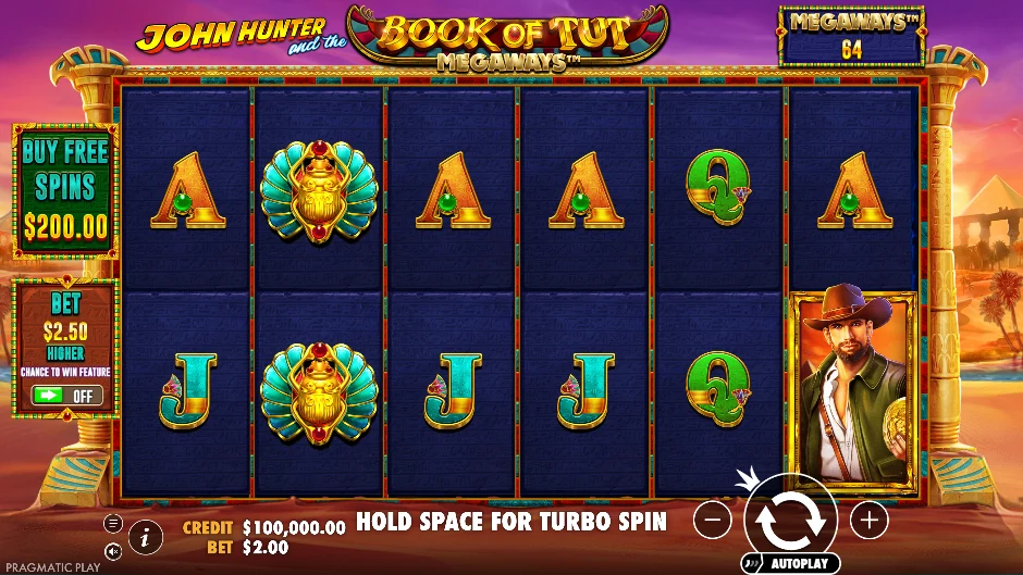 John Hunter and the Book of Tut Megaways con faraón, esfinge y seis rodillos egipcios