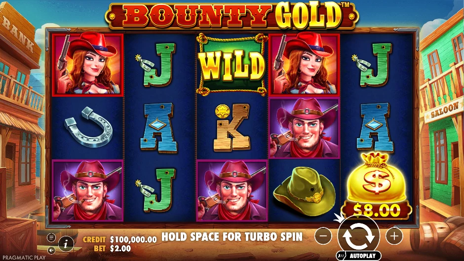Pueblo del Oeste de Bounty Gold con vaqueros, herraduras, monedas y carteles de recompensa