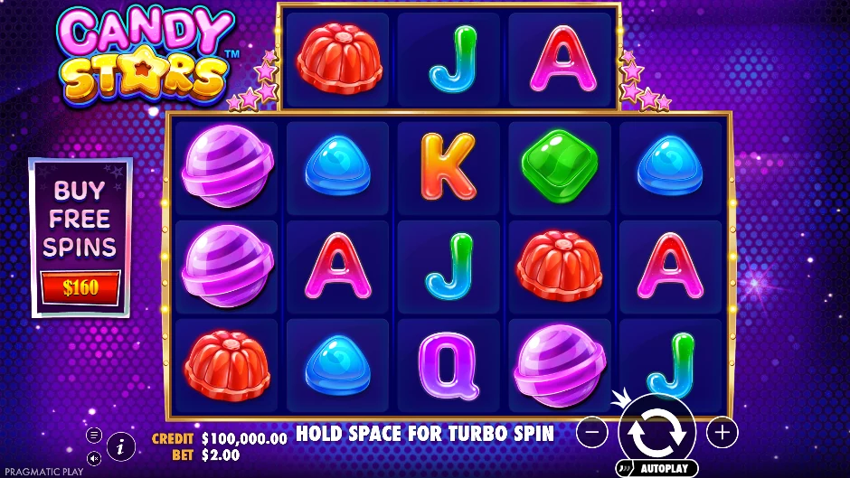 Candy Stars con caramelos, estrellas y wilds pegajosos sobre cinco rodillos