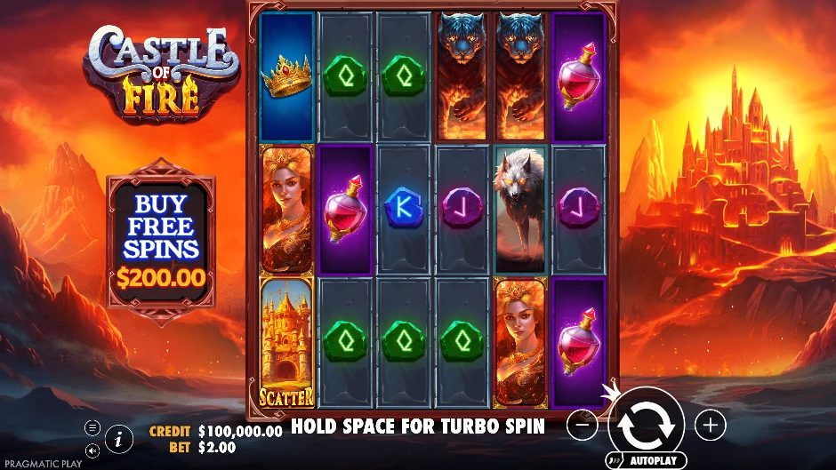 Castillo en llamas de Castle of Fire con coronas, lobos, tigres y símbolos dorados