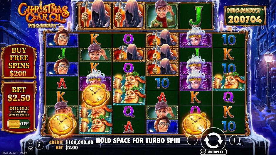 Christmas Carol Megaways con fantasmas navideños, reloj dorado y símbolos cubiertos de hielo
