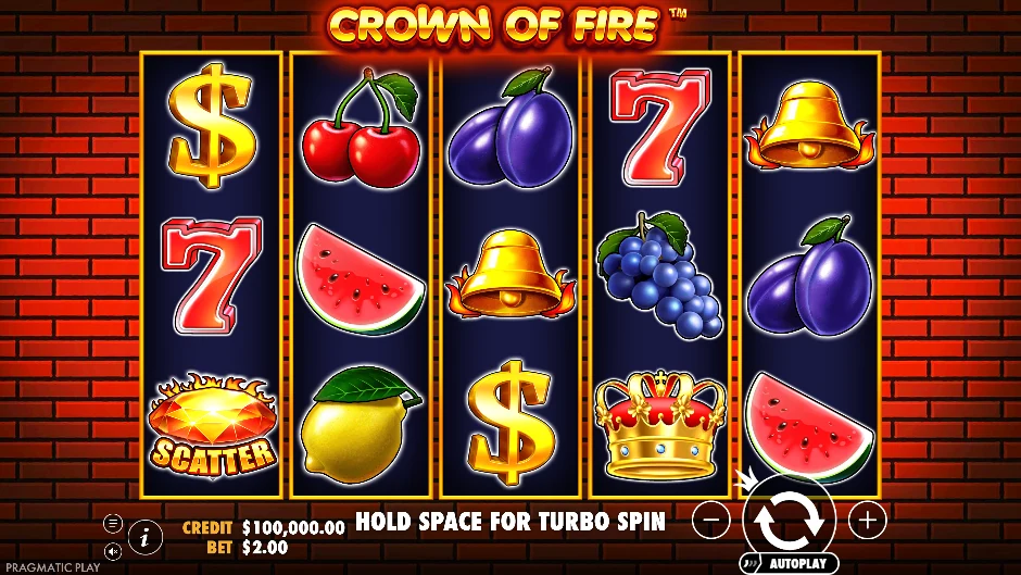 Crown of Fire con corona ardiente, cerezas, uvas, campanas y rodillo wild