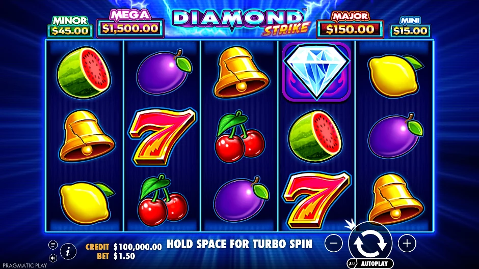 Diamond Strike con diamantes azules, sietes dorados y símbolos wild apilados