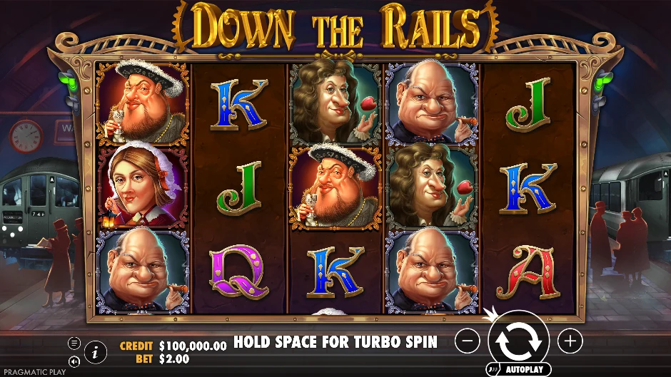 Andén subterráneo de Down the Rails con personajes británicos y un tren atravesando los rodillos