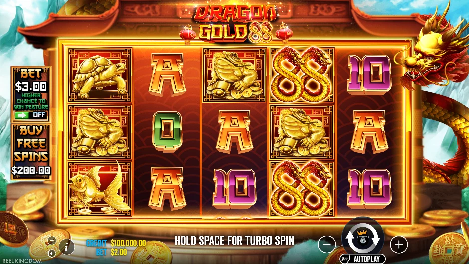 Dragon Gold 88 con un dragón dorado, tortugas y símbolos de dinero entre montañas heladas