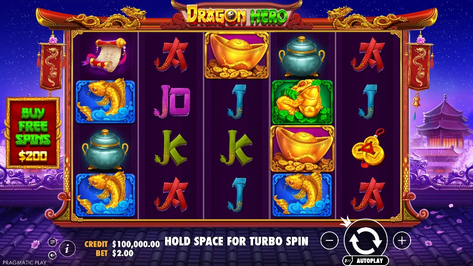 Guerrero y dragón asiático de Dragon Hero junto a monedas, pergaminos y super wilds