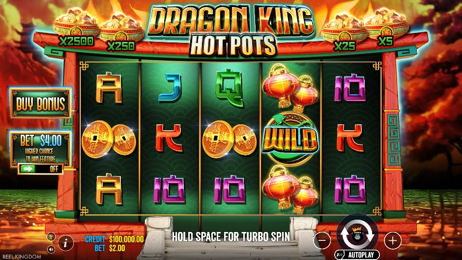 Rey dragón de Dragon King Hot Pots vigilando cuatro vasijas y símbolos del número ocho