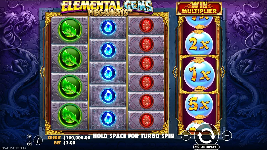 Joyas elementales, pagoda y símbolo yin yang en los rodillos de Elemental Gems Megaways