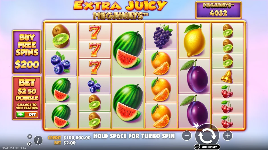Frutas, diamantes, campanas y sietes clásicos en los cinco rodillos de Extra Juicy