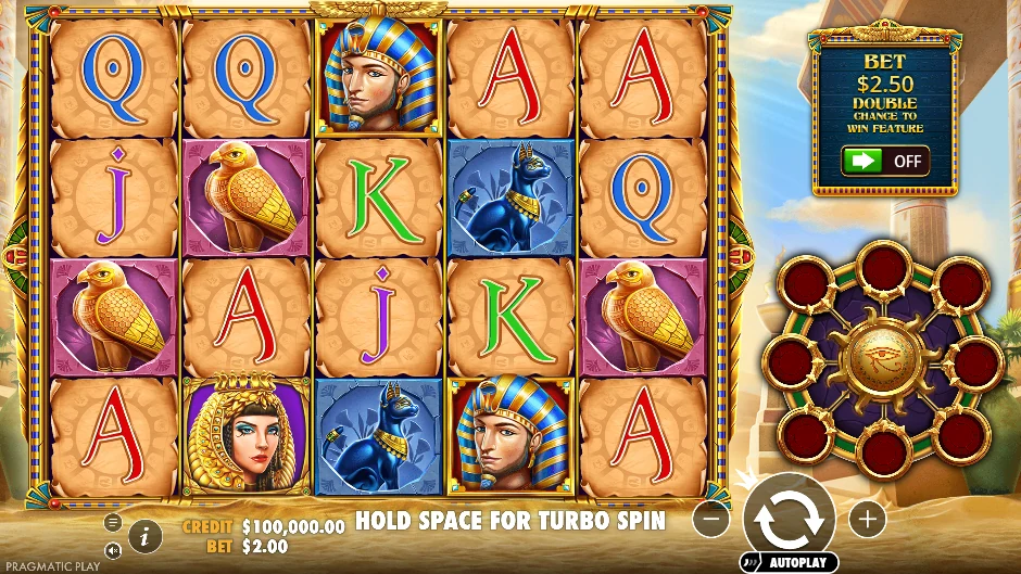 Cleopatra junto al ojo de patrones azules, serpientes, gatos y aves sobre cinco rodillos