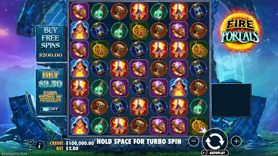 Portal ardiente de Fire Portals entre pociones, anillos y relojes de arena en una cuadrícula 7×7