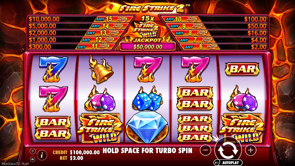 Rodillos clásicos de Fire Strike 2 con frutas, sietes y símbolos wild envueltos en fuego
