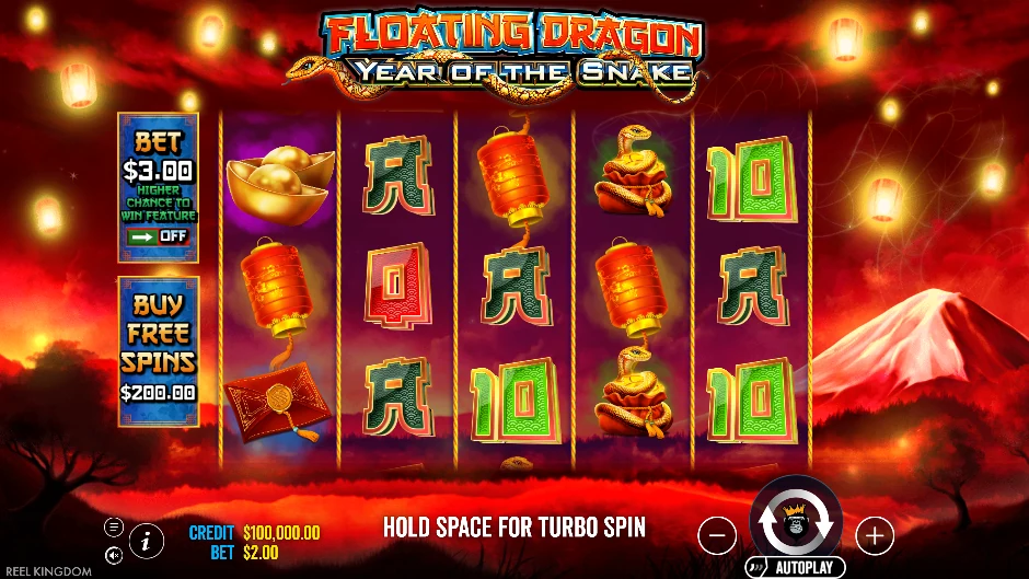 Dragón flotante y serpiente dorada con monedas y faroles en Year of the Snake