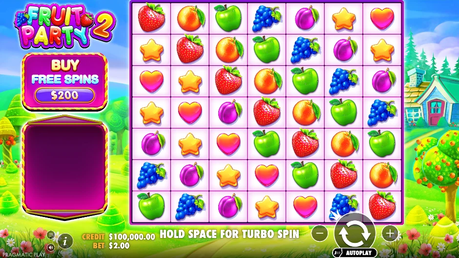 Frutas sonrientes y caramelos de Fruit Party 2 con estrellas wild y multiplicadores