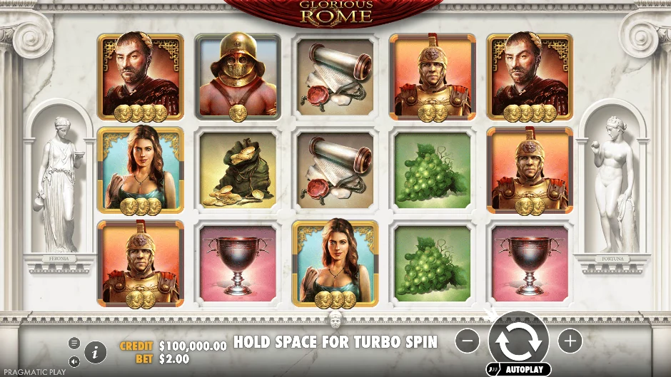 Emperador, vestal, centurión y gladiador de Glorious Rome ante columnas del imperio