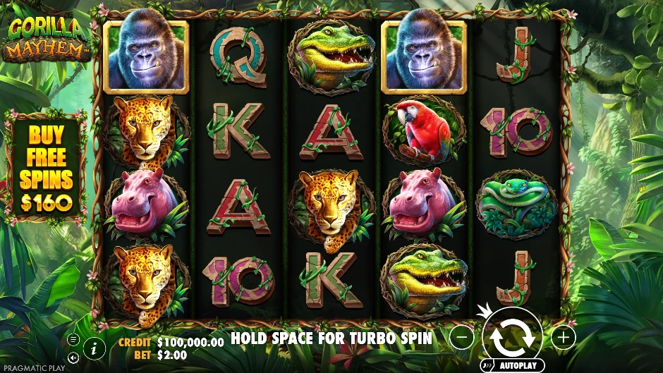 Gorila plateado de Gorilla Mayhem entre leopardos, cocodrilos, joyas y vegetación