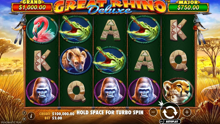 Rinocerontes de Great Rhino Deluxe cargando entre animales de la sabana y monedas doradas
