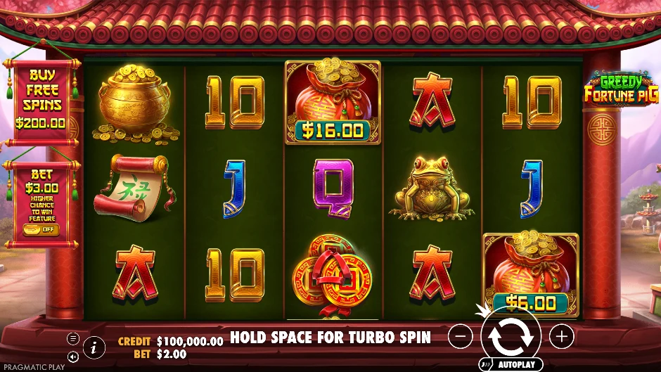 Pantalla de la tragamonedas Greedy Fortune Pig con un cerdito de la fortuna y símbolos de dinero