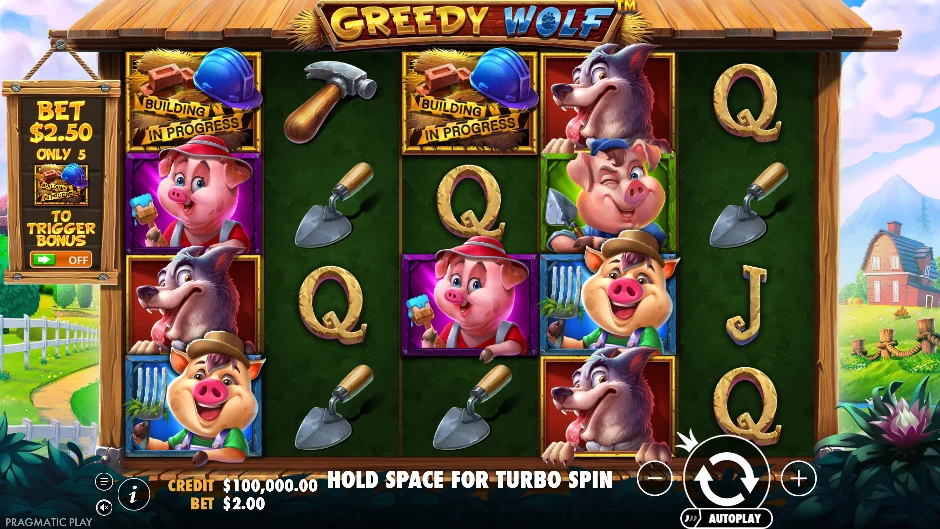 Pantalla de la tragamonedas Greedy Wolf con el lobo y los tres cerditos en una cuadrícula de 5×4
