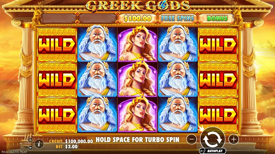 Pantalla de la tragamonedas Greek Gods con Zeus, rayos y divinidades de la mitología griega