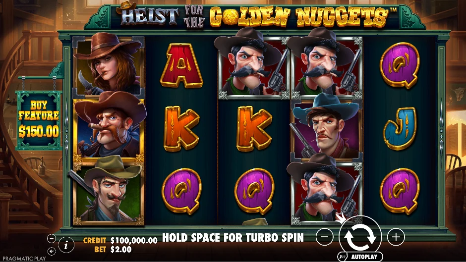 Pantalla de la tragamonedas Heist for the Golden Nuggets con un asalto a pepitas de oro en el Lejano Oeste