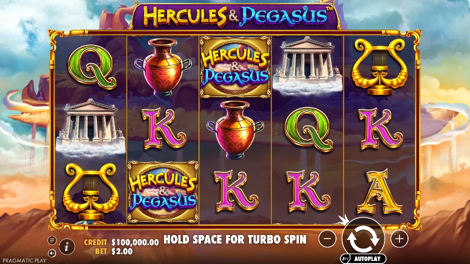 Pantalla de la tragamonedas Hercules and Pegasus con Hércules, Pegaso y la energía de Zeus
