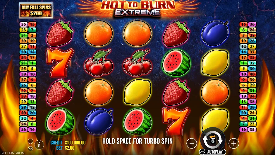 Pantalla de la tragamonedas Hot to Burn Extreme con sietes, campanas y frutas con estética tradicional