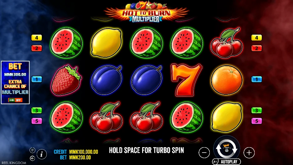 Pantalla de la tragamonedas Hot to Burn Multiplier con el formato Hot to Burn concentrado en cinco líneas
