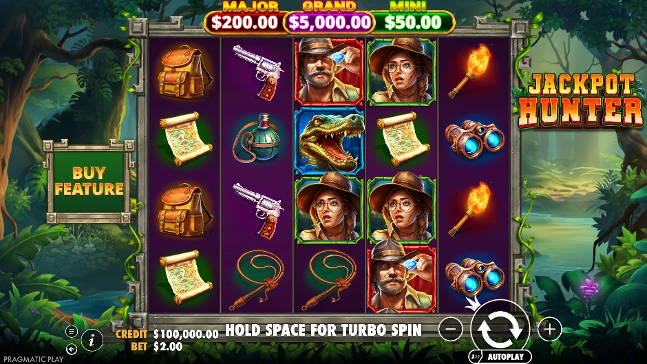 Pantalla de la tragamonedas Jackpot Hunter con una expedición azteca tras varios jackpots