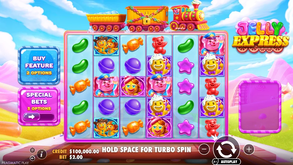 Pantalla de la tragamonedas Jelly Express con gominolas y un tren que atraviesa una cuadrícula 6×5