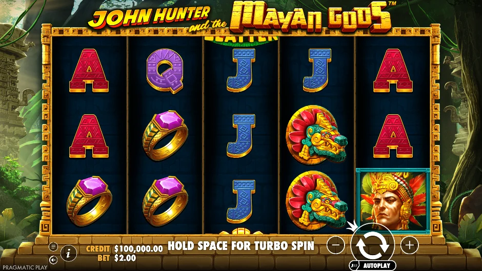 Pantalla de la tragamonedas John Hunter and the Mayan Gods con John Hunter frente a las deidades mayas