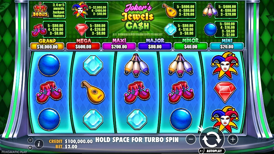Pantalla de la tragamonedas Joker’s Jewels Cash con el bufón y seis jackpots ocultos