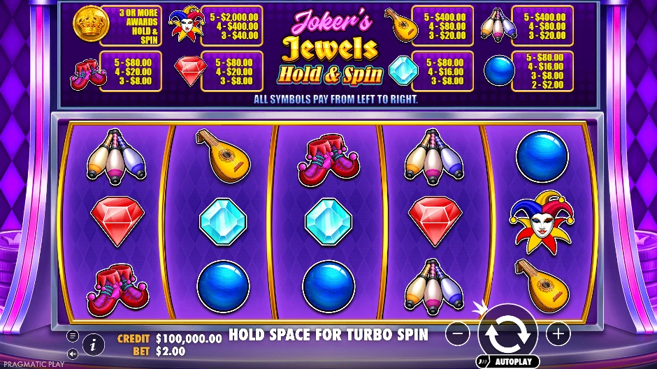 Pantalla de la tragamonedas Joker’s Jewels Hold & Spin con joyas de neón y una ronda de respins