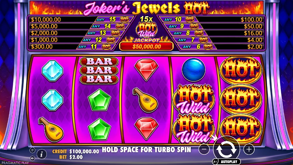 Pantalla de la tragamonedas Joker’s Jewels Hot con el joker clásico rodeado de llamas y gemas