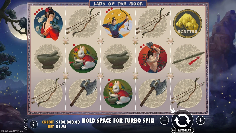 Pantalla de la tragamonedas Lady of the Moon con una dama lunar entre estrellas y cristales