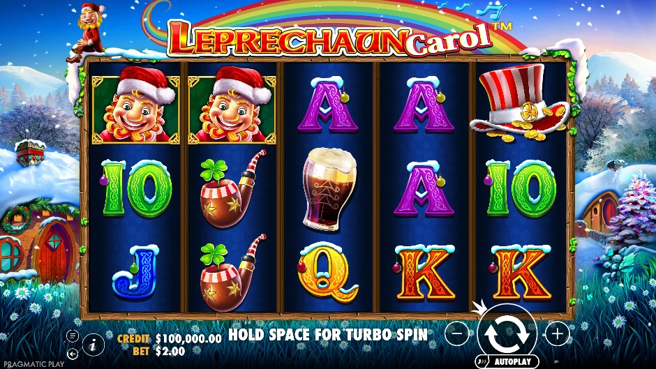 Pantalla de la tragamonedas Leprechaun Carol con un duende navideño entre regalos y villancicos