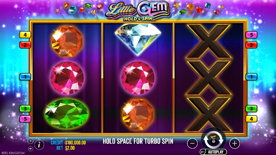 Pantalla de la tragamonedas Little Gem con gemas brillantes y una función Hold & Spin