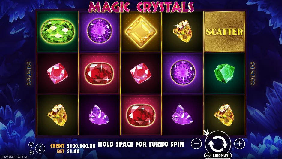 Pantalla de Magic Crystals con cristales elementales dentro de un universo fantástico