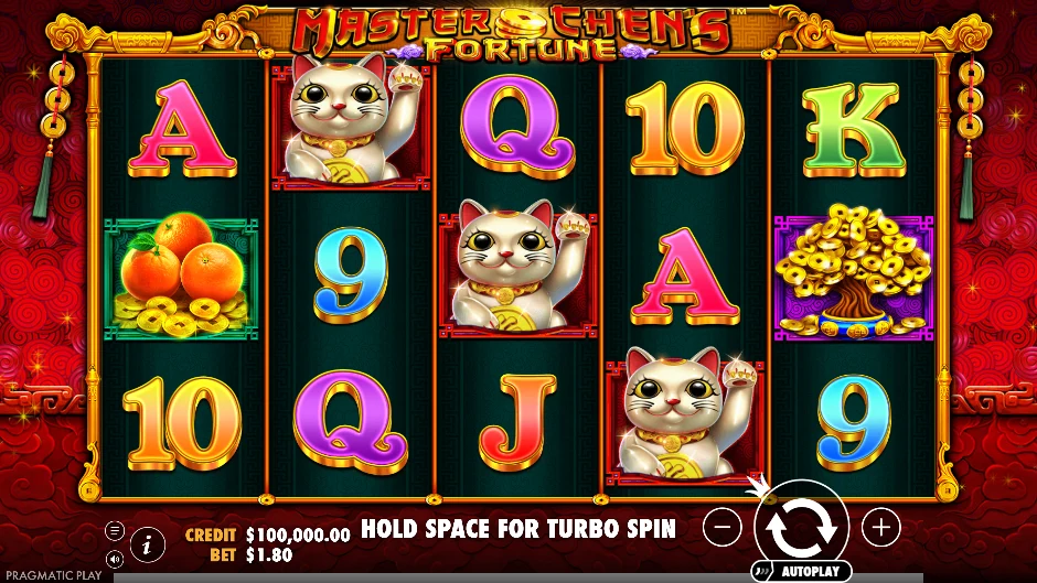 Pantalla de Master Chen’s Fortune con Master Chen rodeado de lingotes, monedas y faroles